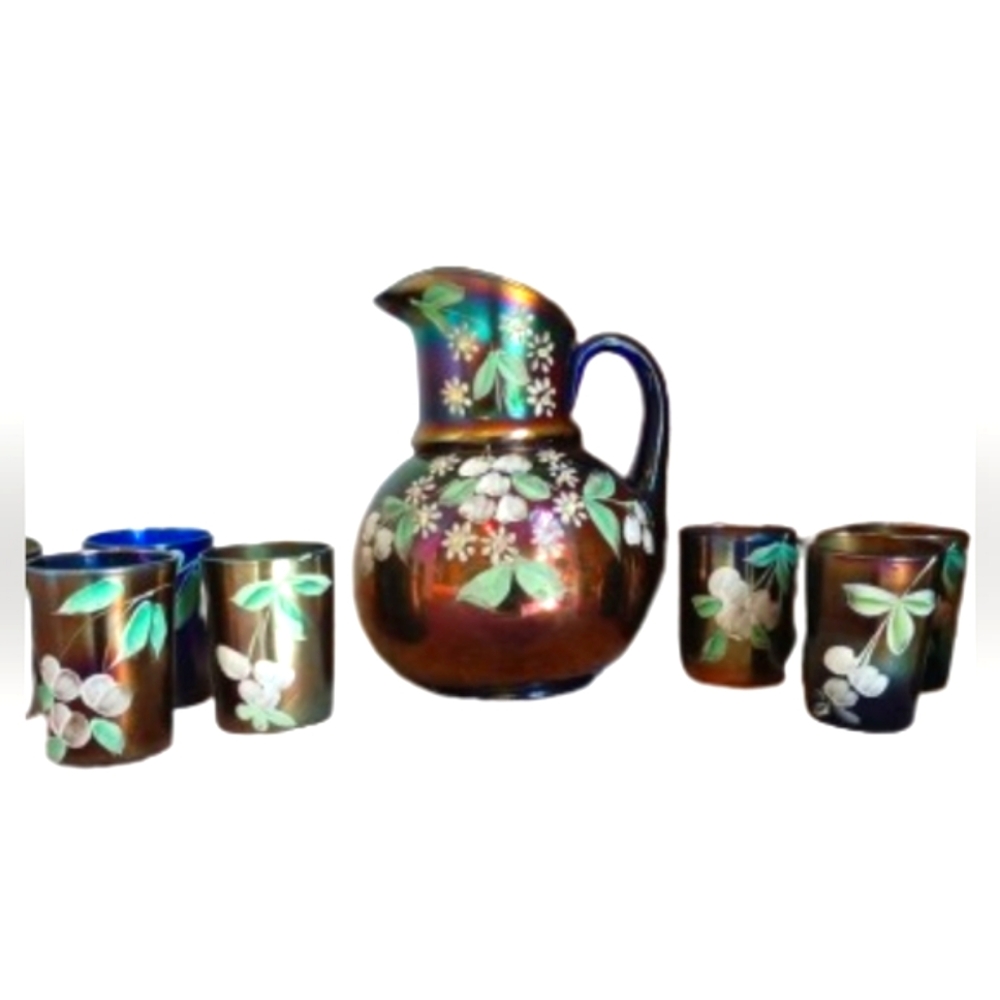 Fenton Iridescent Carnival Glass Pitcher and Tumblers - Multicolor Floral